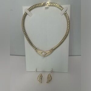 Christian Dior Vintage Beige Enamel Rhinestone Gold-Tone Necklace and Earrings